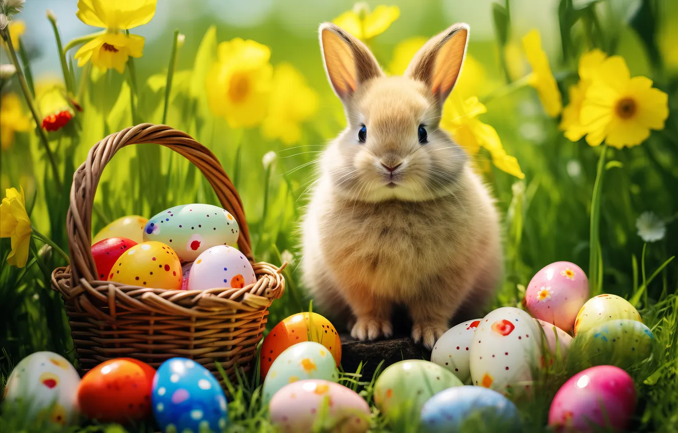 Photo wallpaper flowers, eggs, spring, colorful, Easter, flowers, spring, Easter