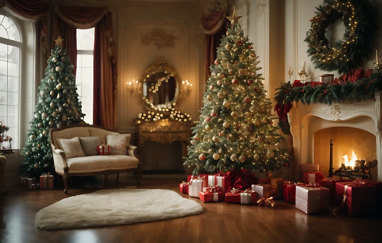 Photo wallpaper decoration, room, gift, balls, tree, new year, interior, Christmas