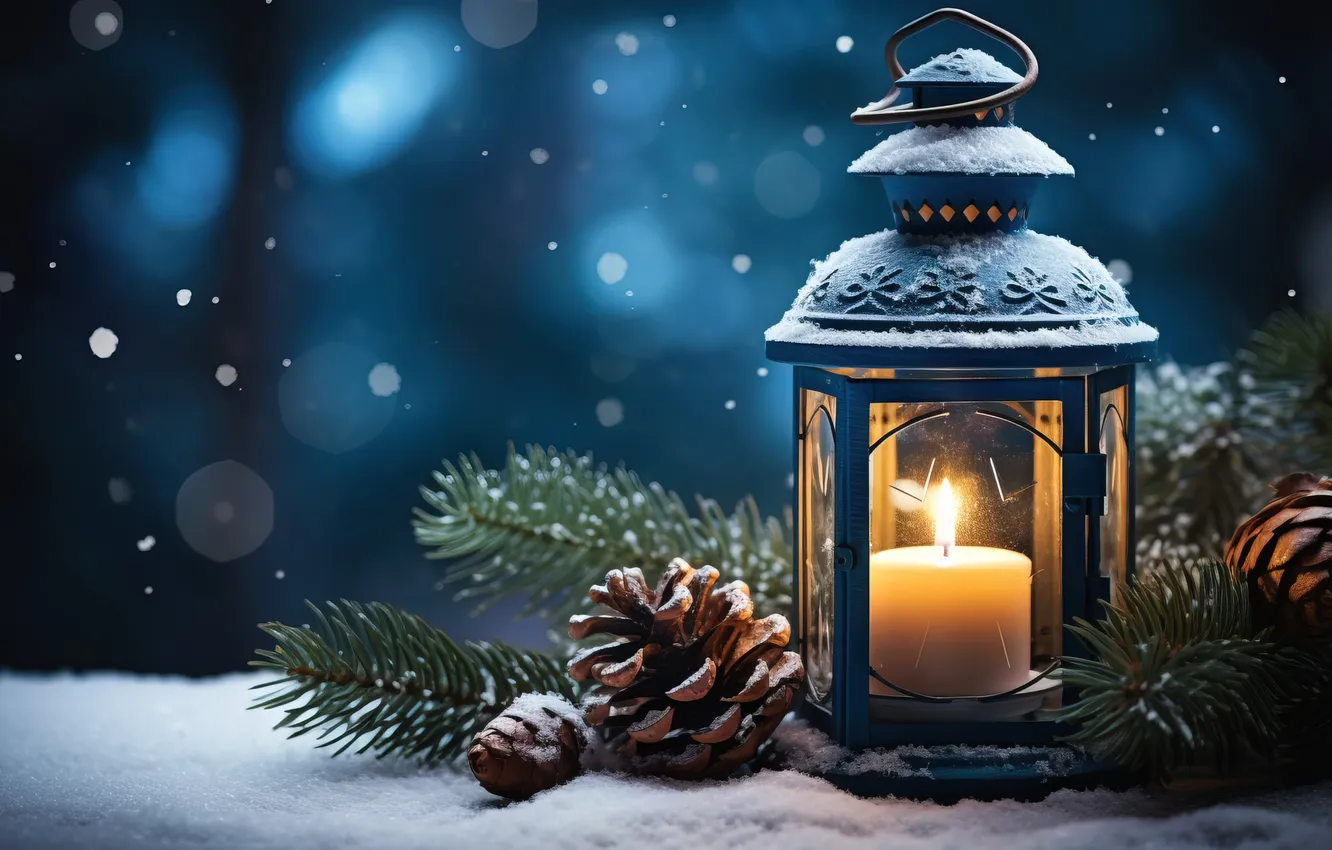 Photo wallpaper winter, snow, night, Christmas, lantern, New year, Christmas, night