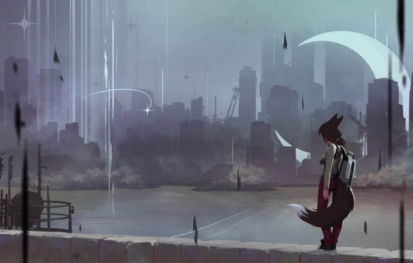 Photo wallpaper stars, city, the city, river, jacket, girl, Katrin, art