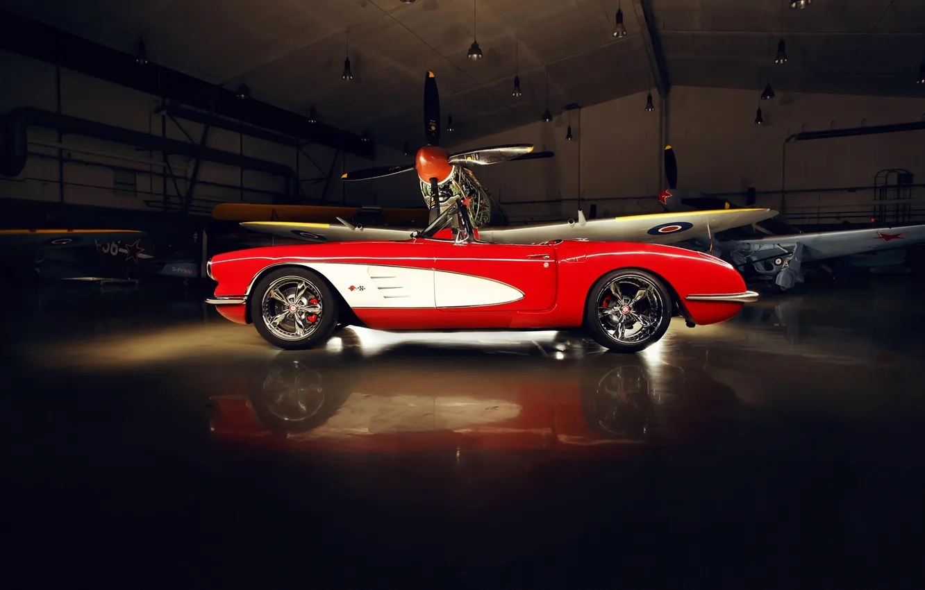 Photo wallpaper red, tuning, Corvette, Chevrolet, hangar, twilight, the plane, Chevrolet
