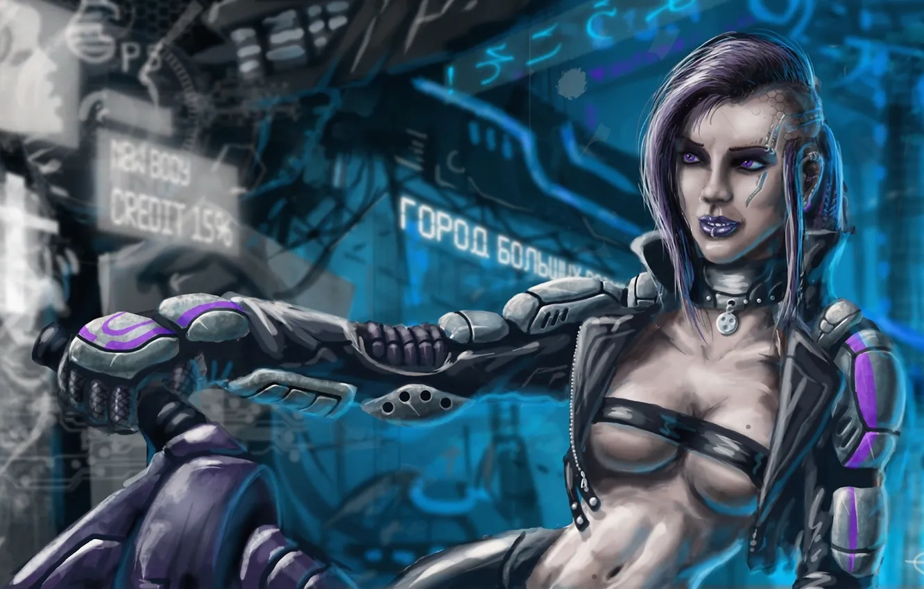 Photo wallpaper girl, the city, piercing, collar, bike, cyborg