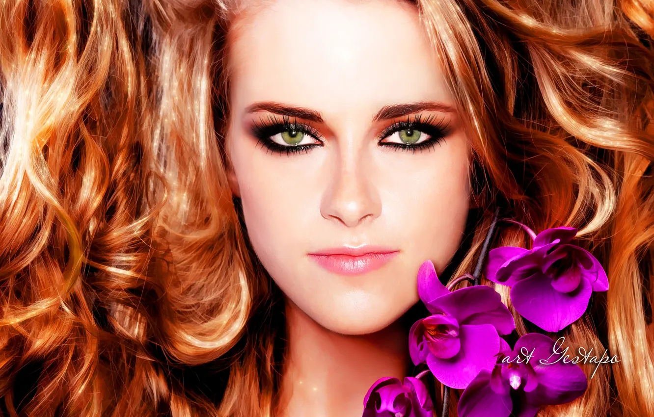 Photo wallpaper eyes, look, girl, face, green, makeup, Kristen Stewart, curls
