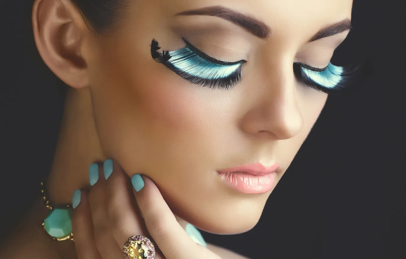Photo wallpaper eyelashes, model, hands, makeup, ring, closed eyes