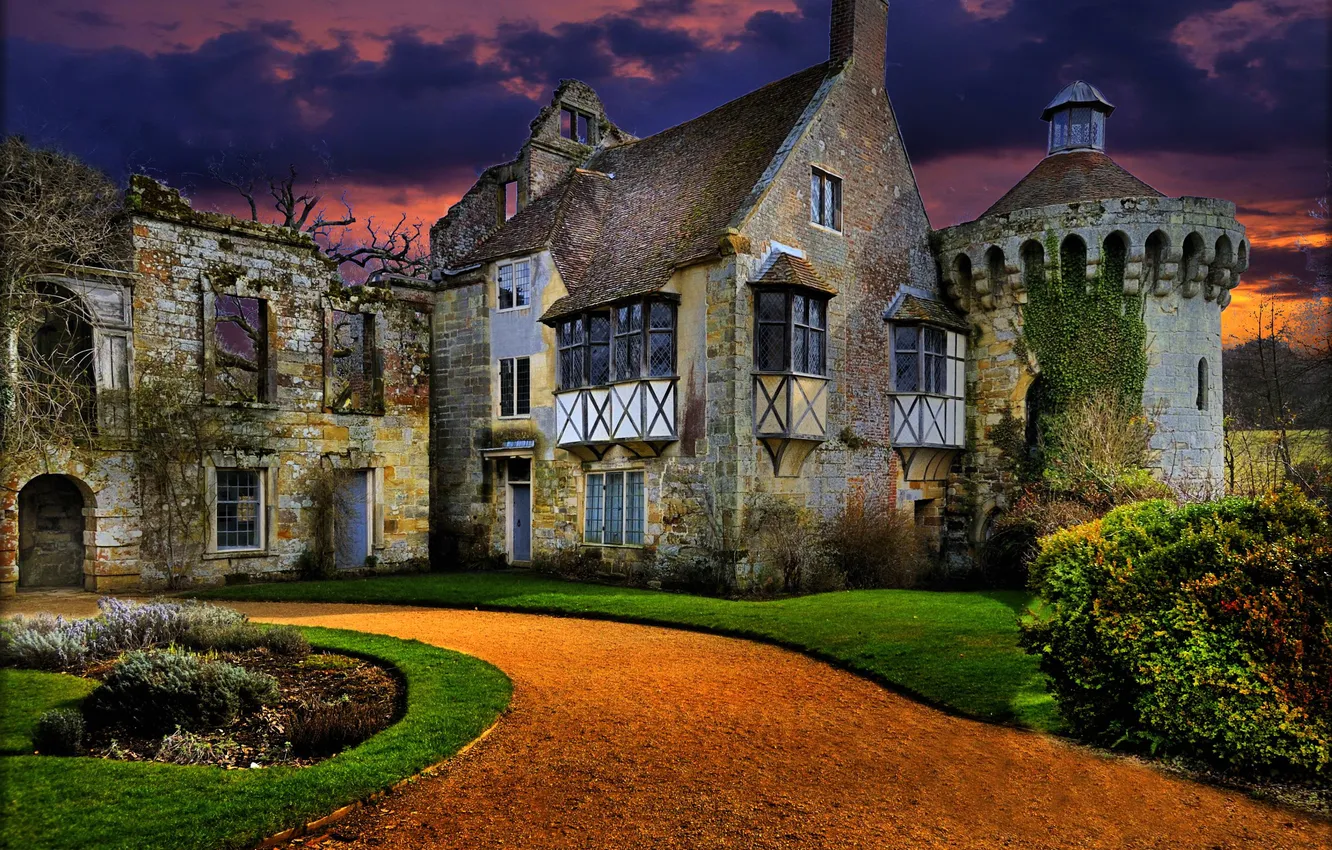Photo wallpaper sunset, castle, lawn, the evening, track, the ruins, UK, the bushes