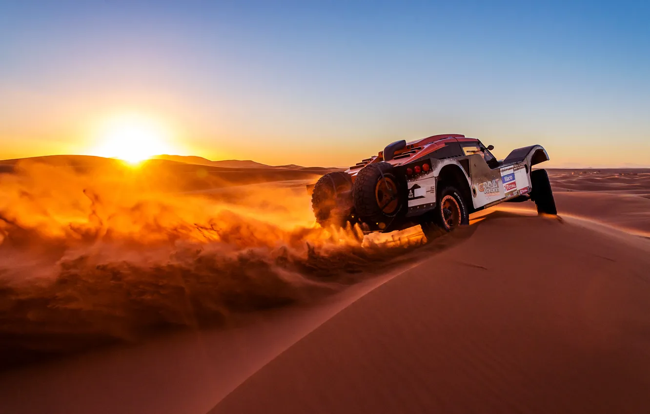 Photo wallpaper the sun, Sunset, Sand, Auto, Sport, Machine, Rally, Dakar