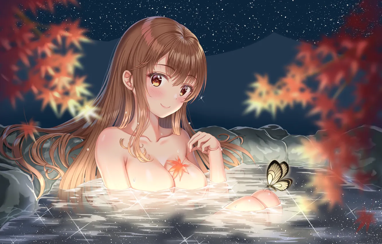 Photo wallpaper the sky, leaves, girl, night, butterfly, hot springs