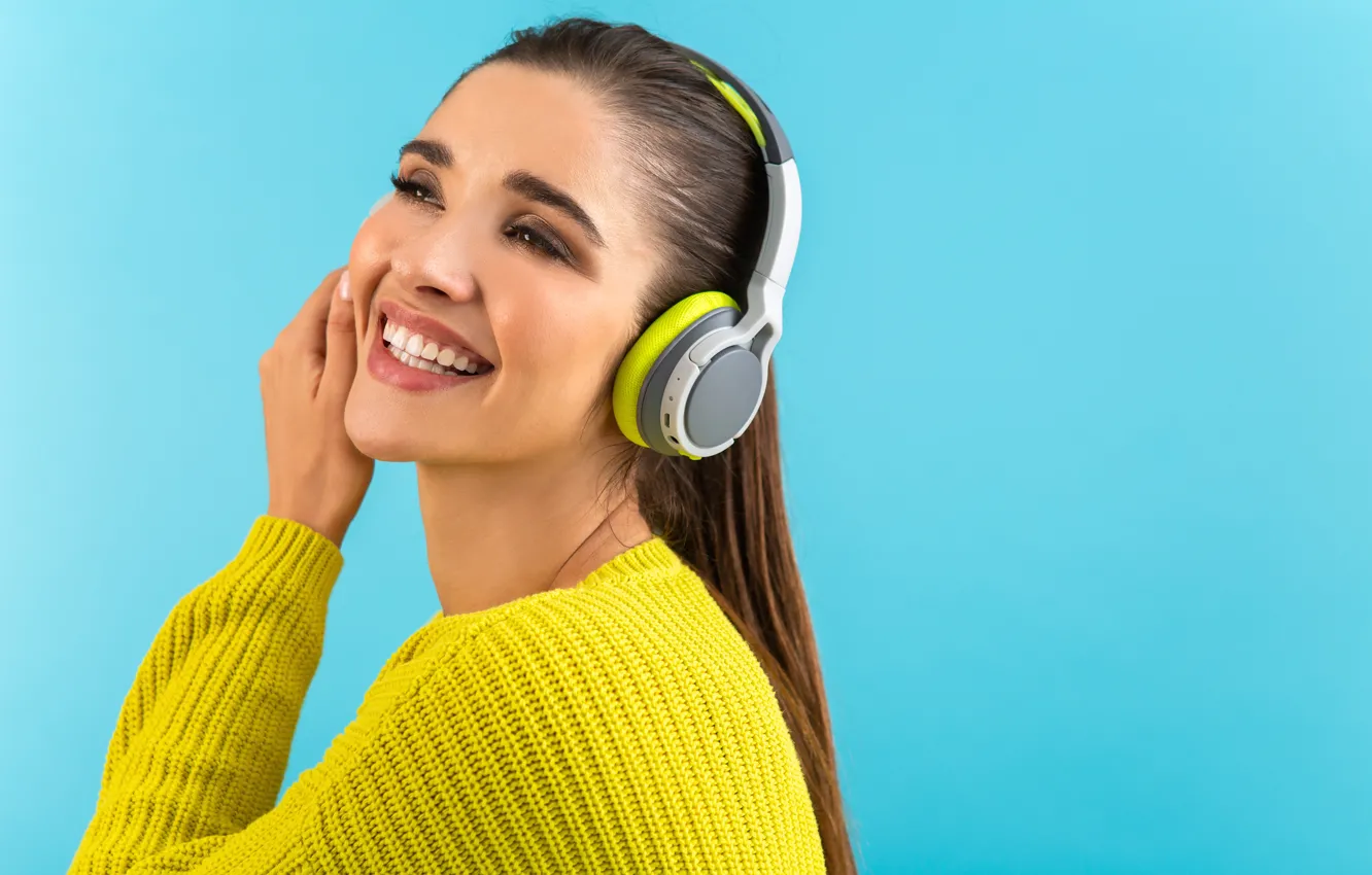 Photo wallpaper girl, face, smile, mood, makeup, headphones, long hair, blue background