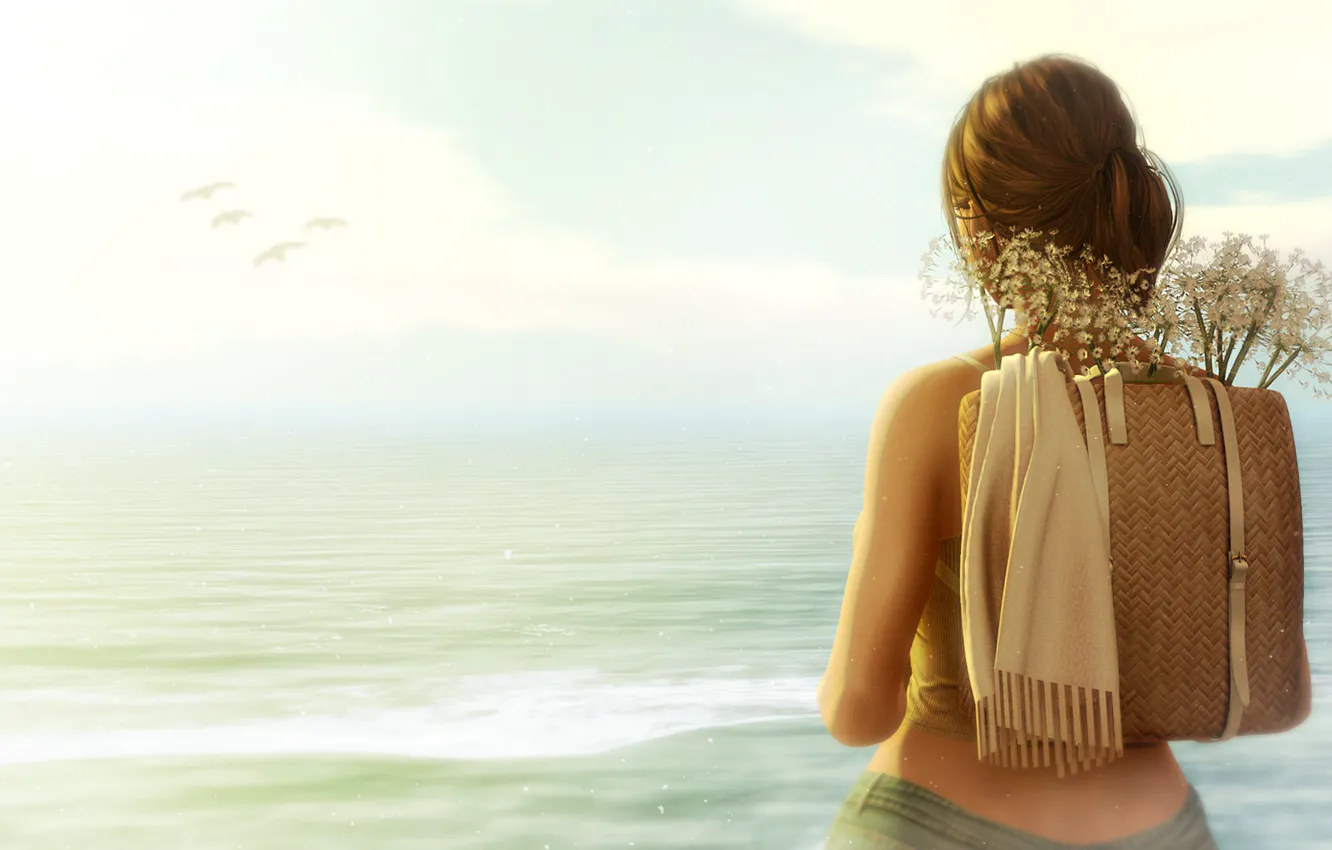 Photo wallpaper sea, girl, bird, satchel