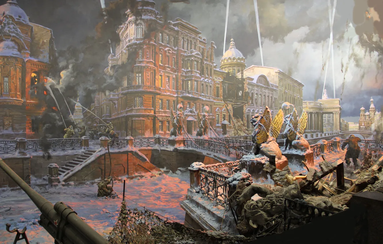 Photo wallpaper fire, war, street, people, home, picture, soldiers, the airship