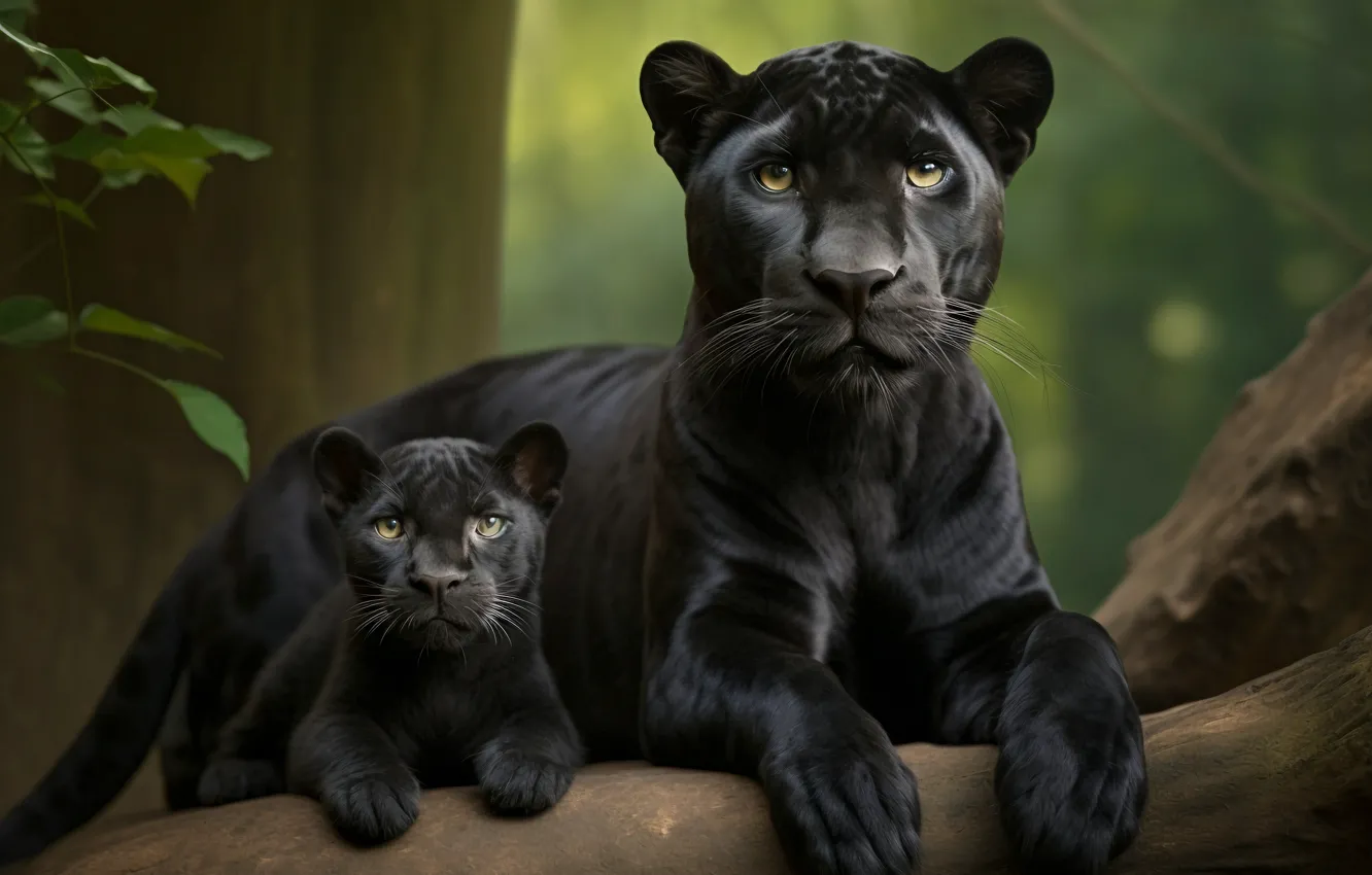 Photo wallpaper Panther, cub, mother, digital art, AI art, The Art of Artificial Intelligence, neural network