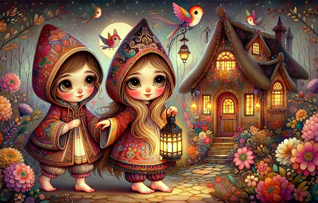 Photo wallpaper flowers, birds, night, lights, the moon, girls, tale, lantern