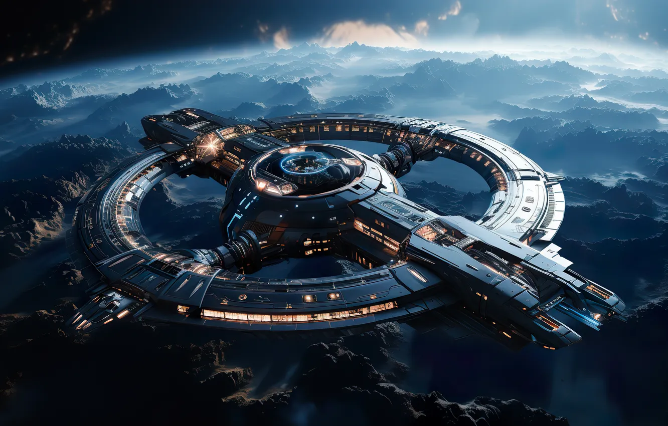Photo wallpaper space, clouds, flight, circles, mountains, lights, fog, future