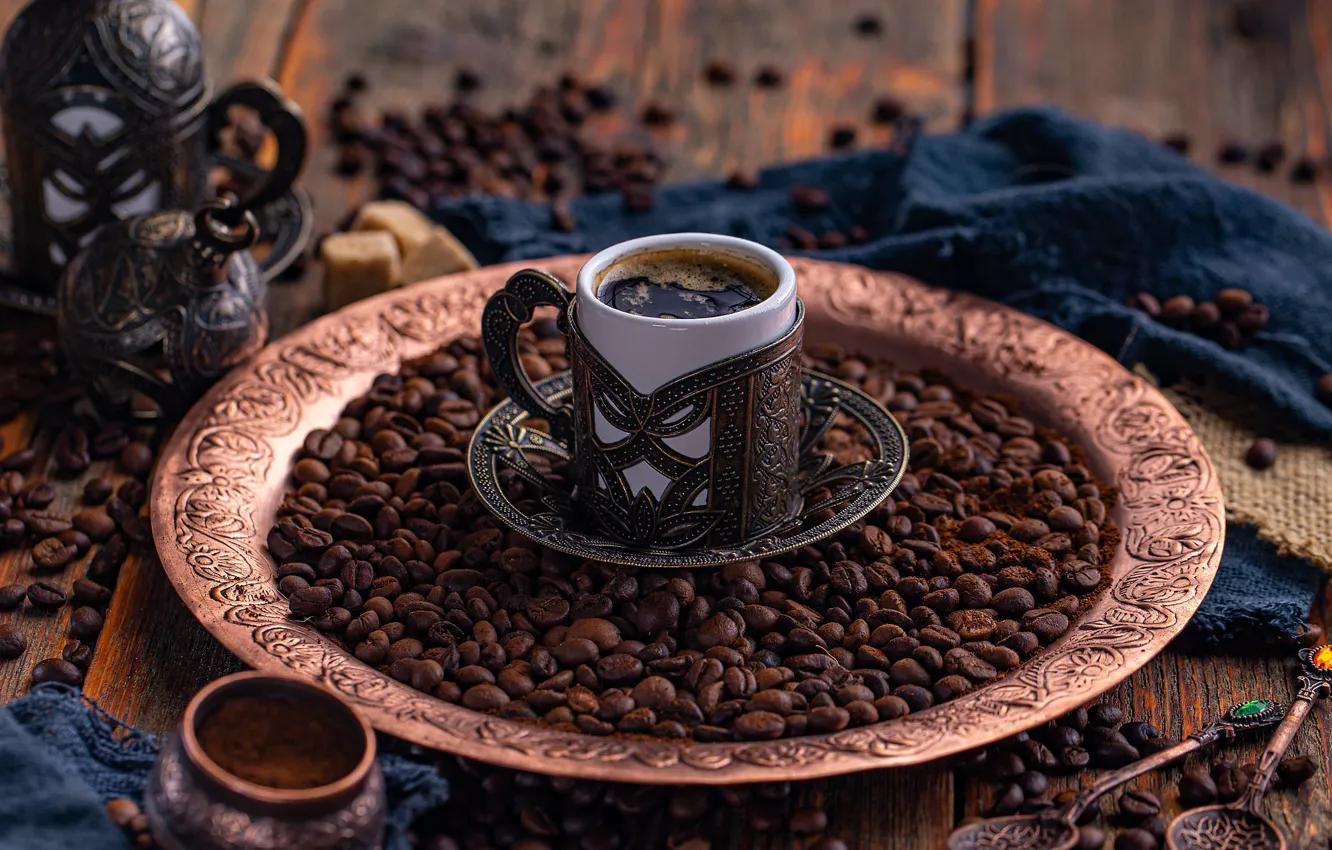 Photo wallpaper table, coffee, plate, Cup, dishes, fabric, drink, coffee beans