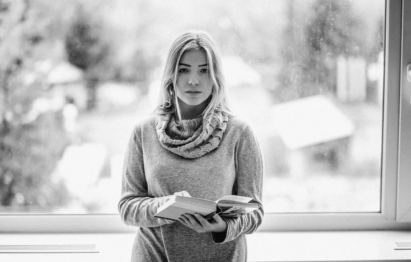 Photo wallpaper face, model, hair, window, book, beauty