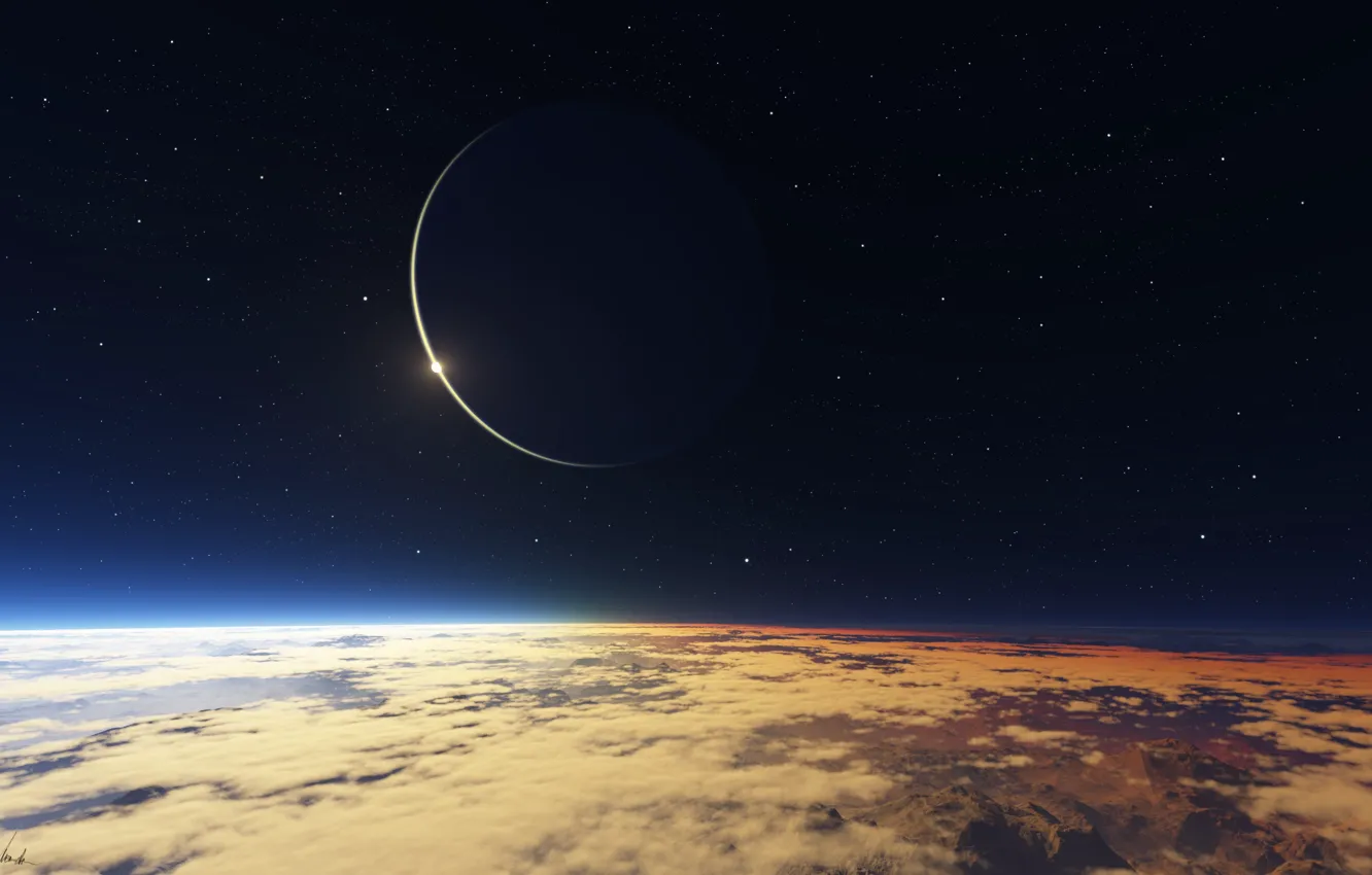 Photo wallpaper the sky, stars, planet, satellite, horizon