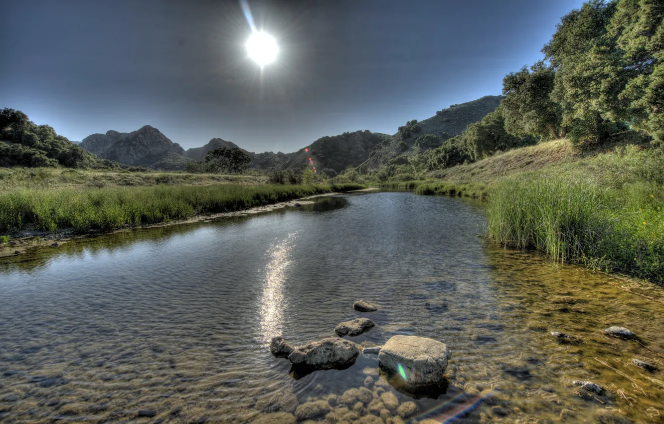 Photo wallpaper rays, light, nature, river, stones, USA, California, Malibu
