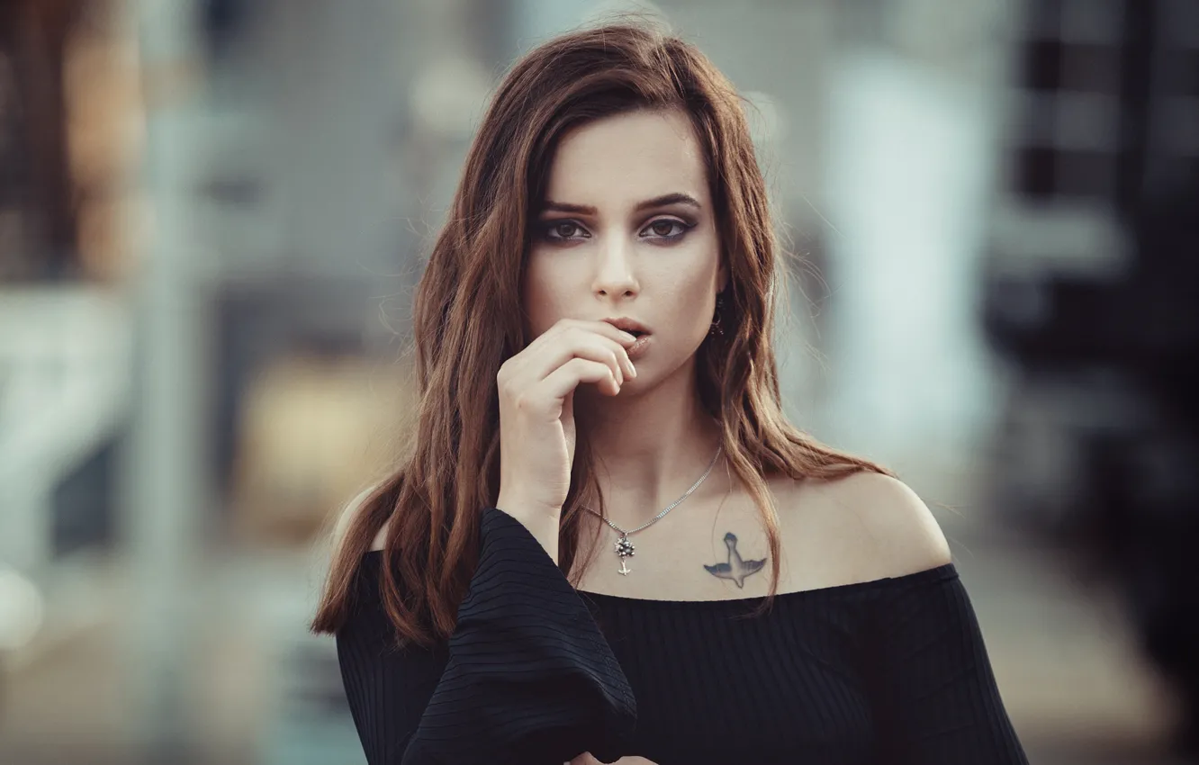 Photo wallpaper look, pose, background, portrait, makeup, dress, tattoo, hairstyle