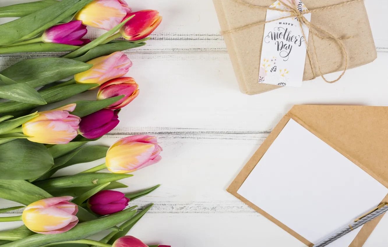 Photo wallpaper flowers, colorful, tulips, wood, pink, flowers, tulips, gift