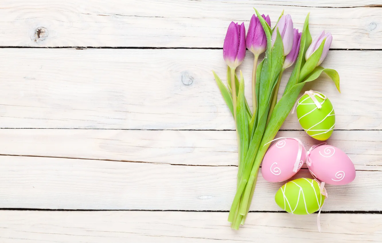 Photo wallpaper flowers, eggs, spring, Easter, tulips, happy, pink, flowers