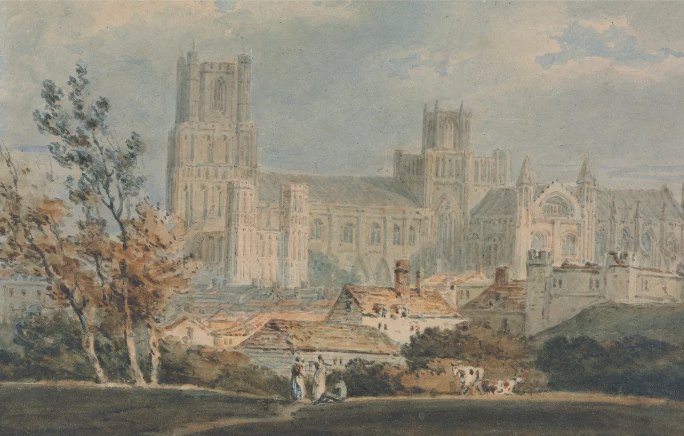 Photo wallpaper landscape, picture, watercolor, William Turner, View of Ely Cathedral