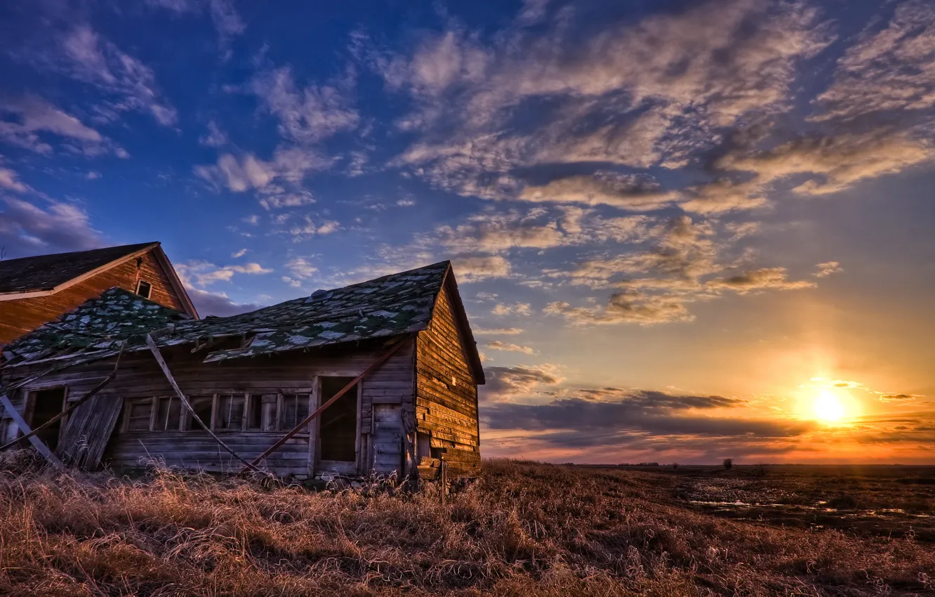 Photo wallpaper field, the sky, the sun, landscape, house, view