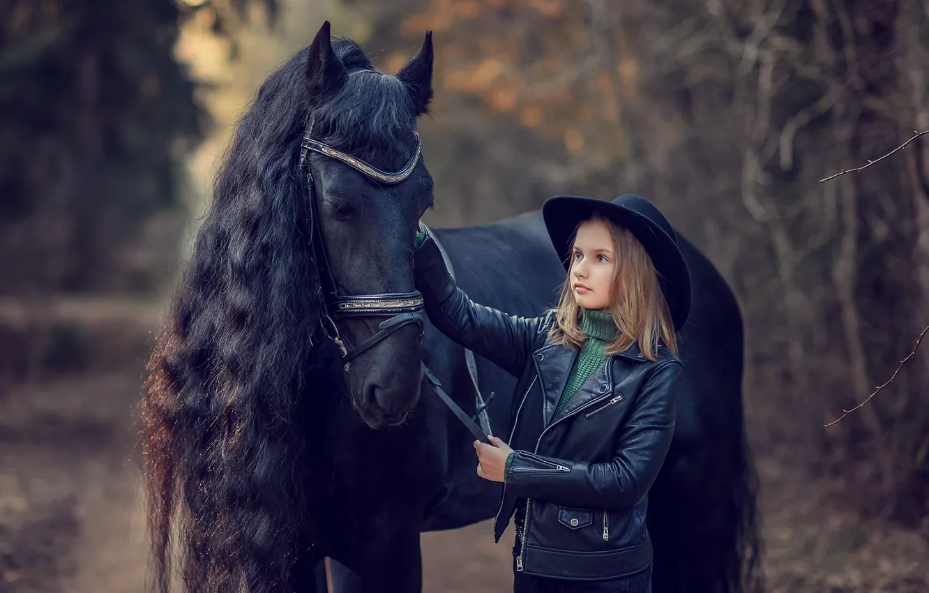 Photo wallpaper nature, animal, horse, horse, hat, jacket, girl, child