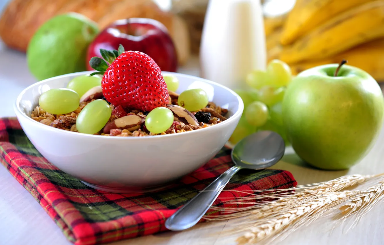 Photo wallpaper berries, apples, Breakfast, milk, strawberry, grapes, nuts, oatmeal