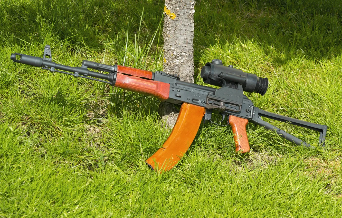 Photo wallpaper grass, machine, Kalashnikov, sight, The AKS-74