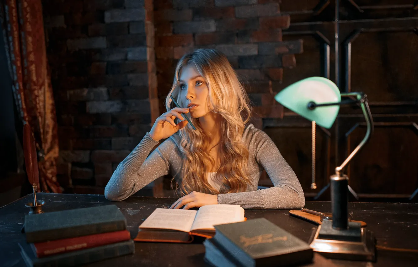 Photo wallpaper girl, table, lamp, pencils, book, Alisa Tarasenko, Alexey Kiselev