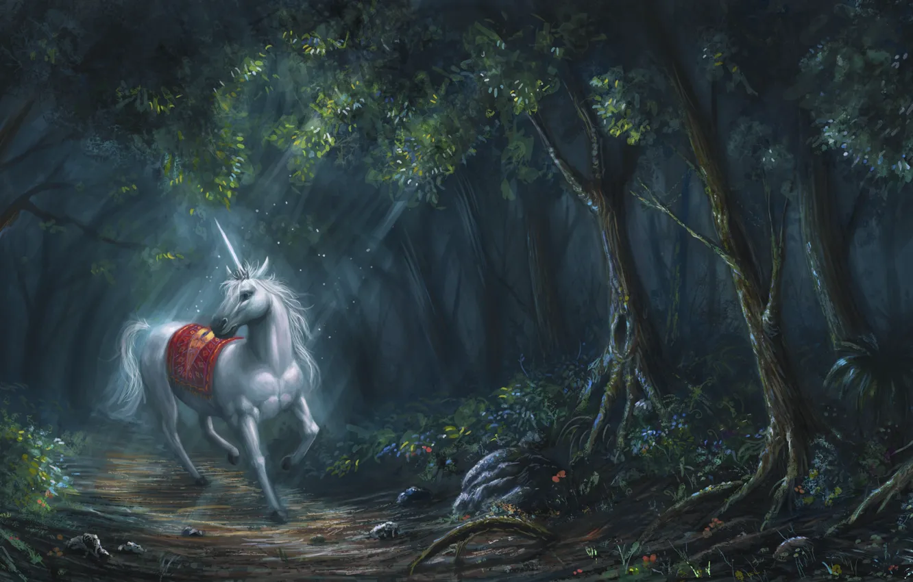 Photo wallpaper forest, white, horse, fantasy, art, unicorn, horn