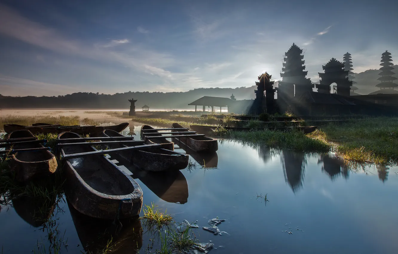 Photo wallpaper water, trees, fog, lake, boat, morning, Asia, pagoda