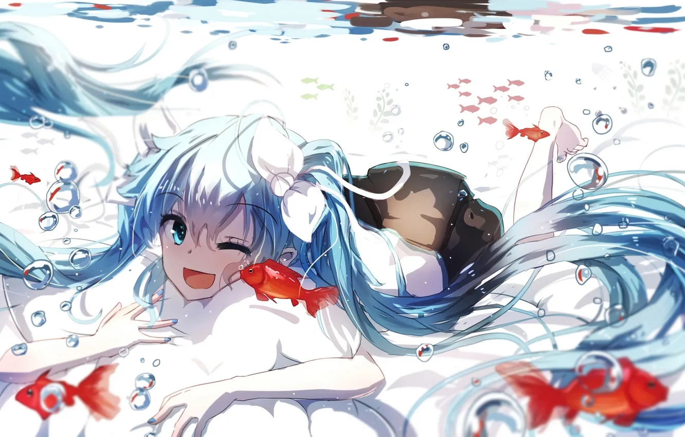 Photo wallpaper girl, fish, joy, bubbles, pillow, anime, art, vocaloid