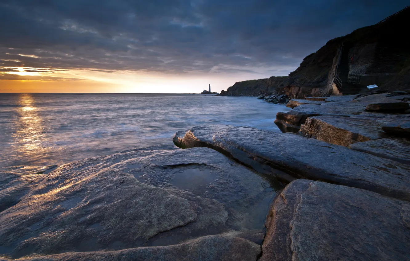 Photo wallpaper sea, landscape, night, rocks, lighthouse