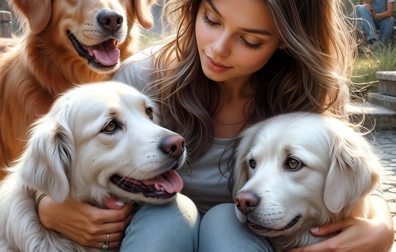 Photo wallpaper look, girl, each, dog, company, sitting, Retriever, pet