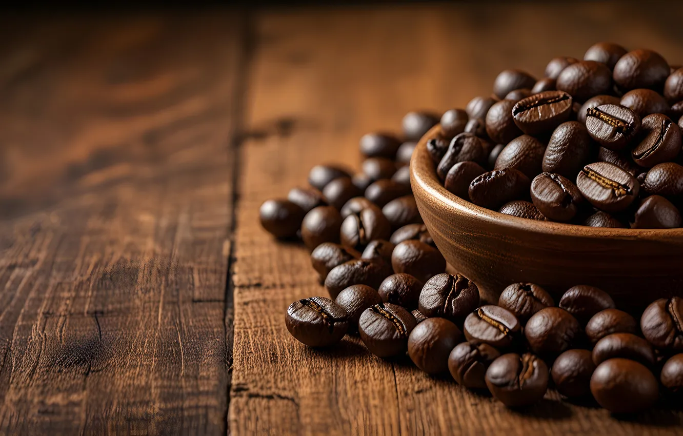 Photo wallpaper table, Board, coffee, Cup, bowl, coffee beans, AI art, neural network