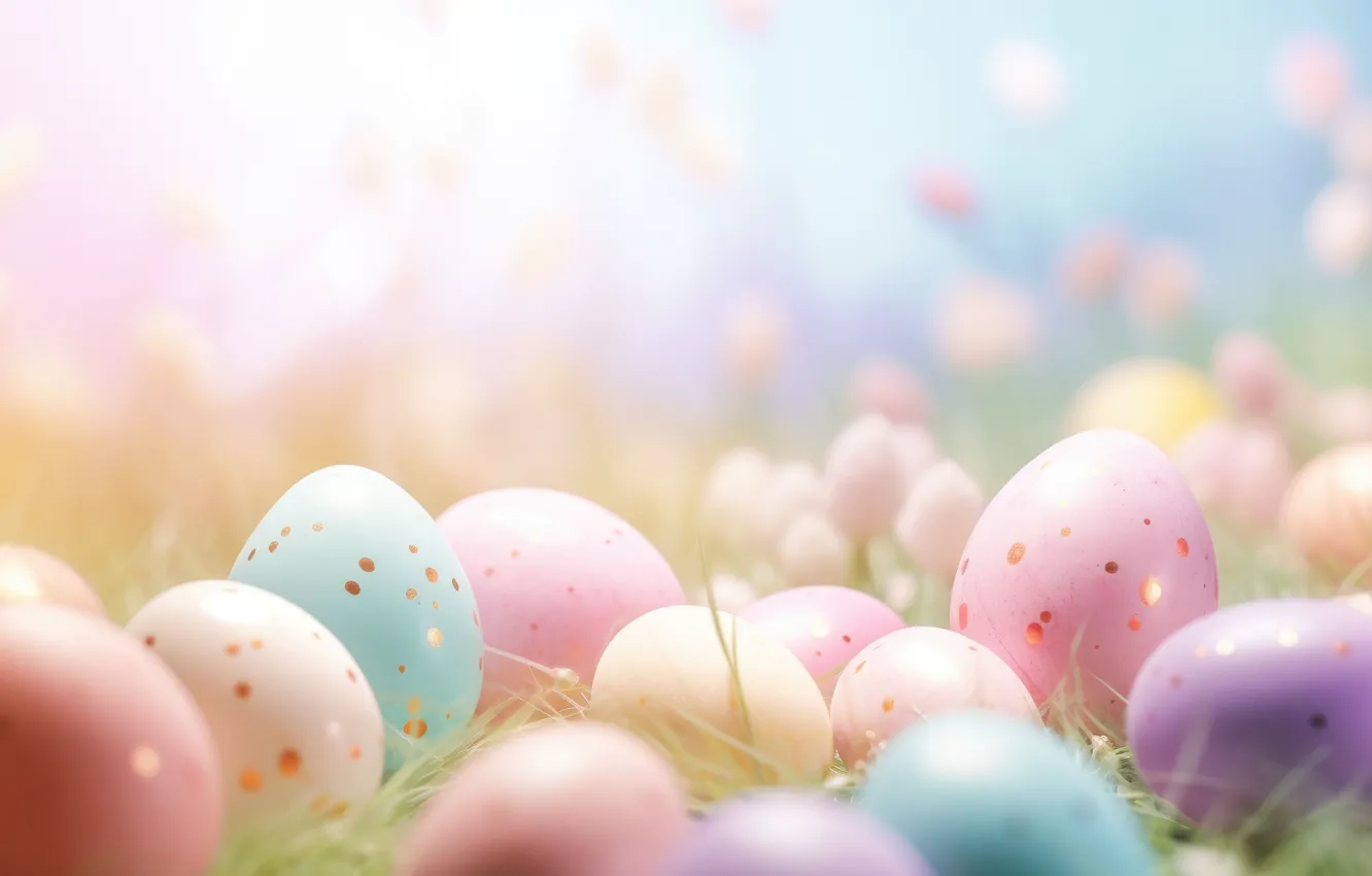 Photo wallpaper grass, holiday, blue, glade, eggs, spring, Easter, pink