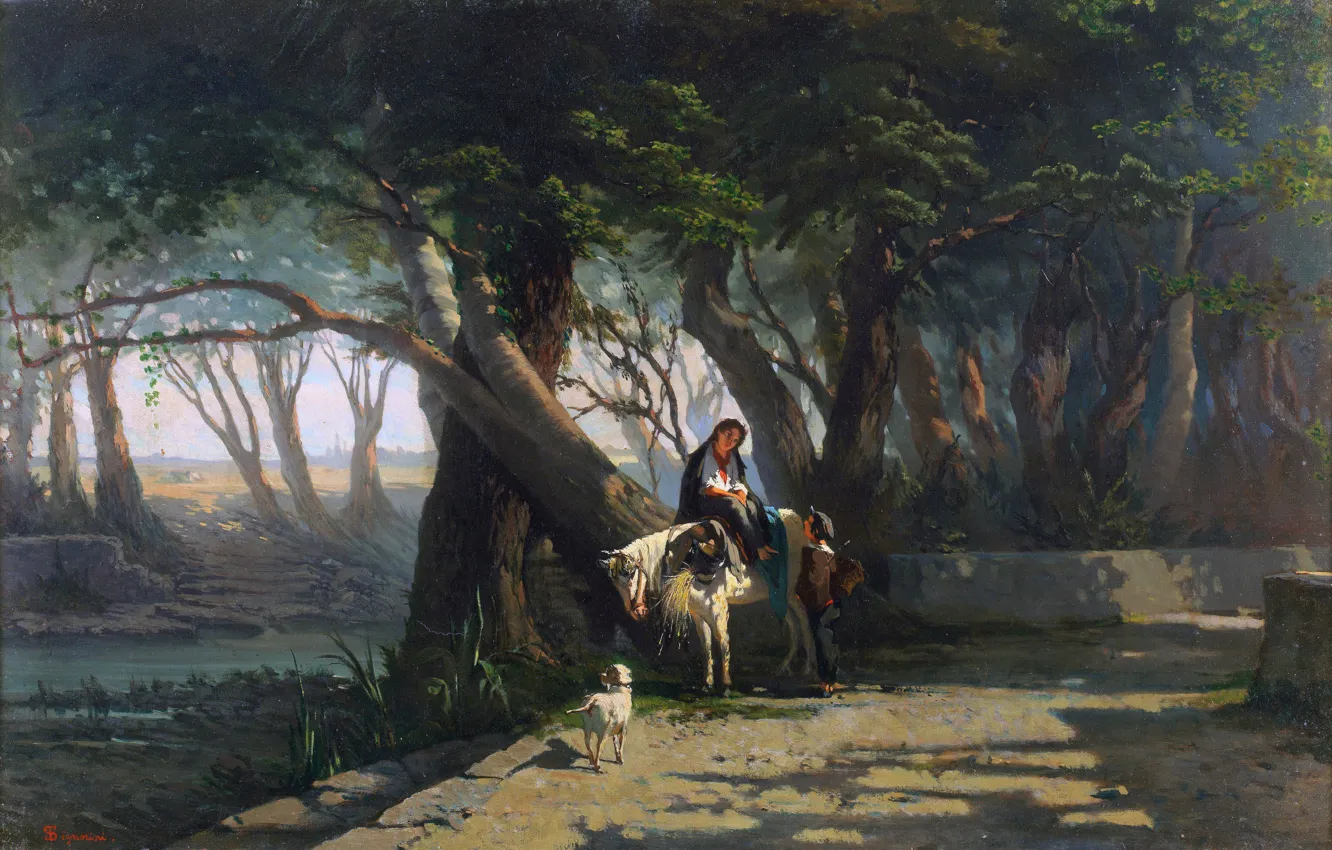 Photo wallpaper forest, girl, trees, horse, dog, picture, boy, Italian artist