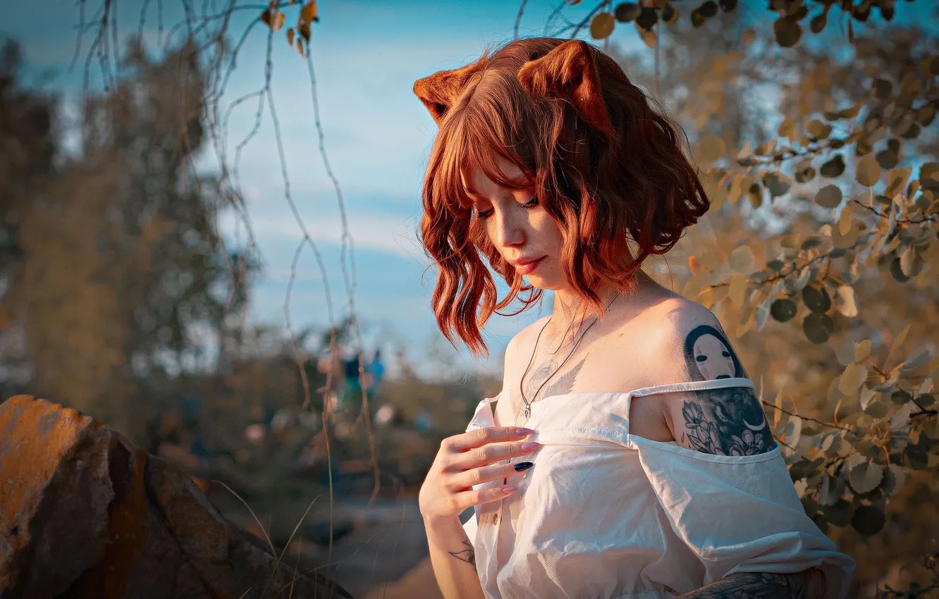 Photo wallpaper girl, hair, hands, tattoo, red, shoulders, redhead, ears