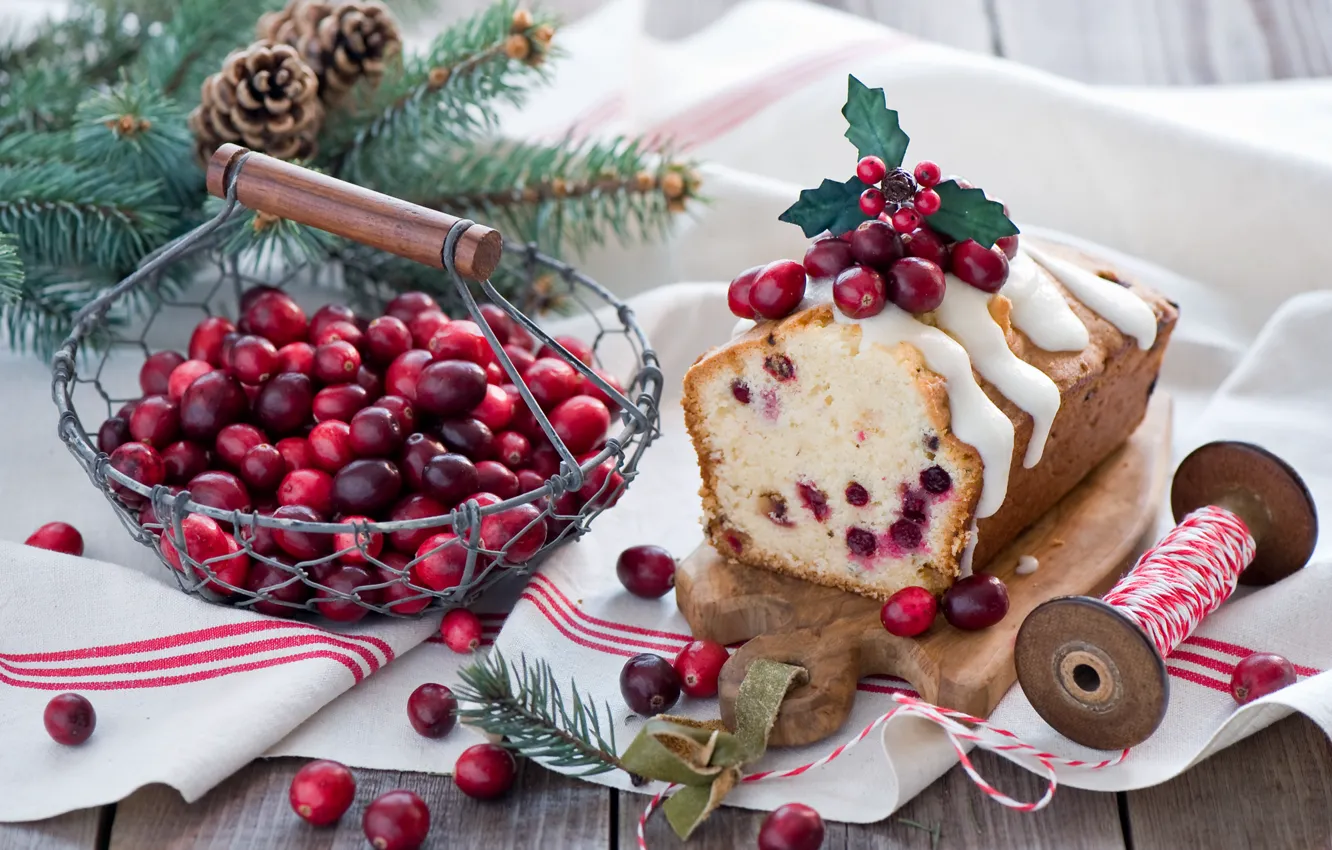 Photo wallpaper winter, branches, berries, food, spruce, red, tree, basket