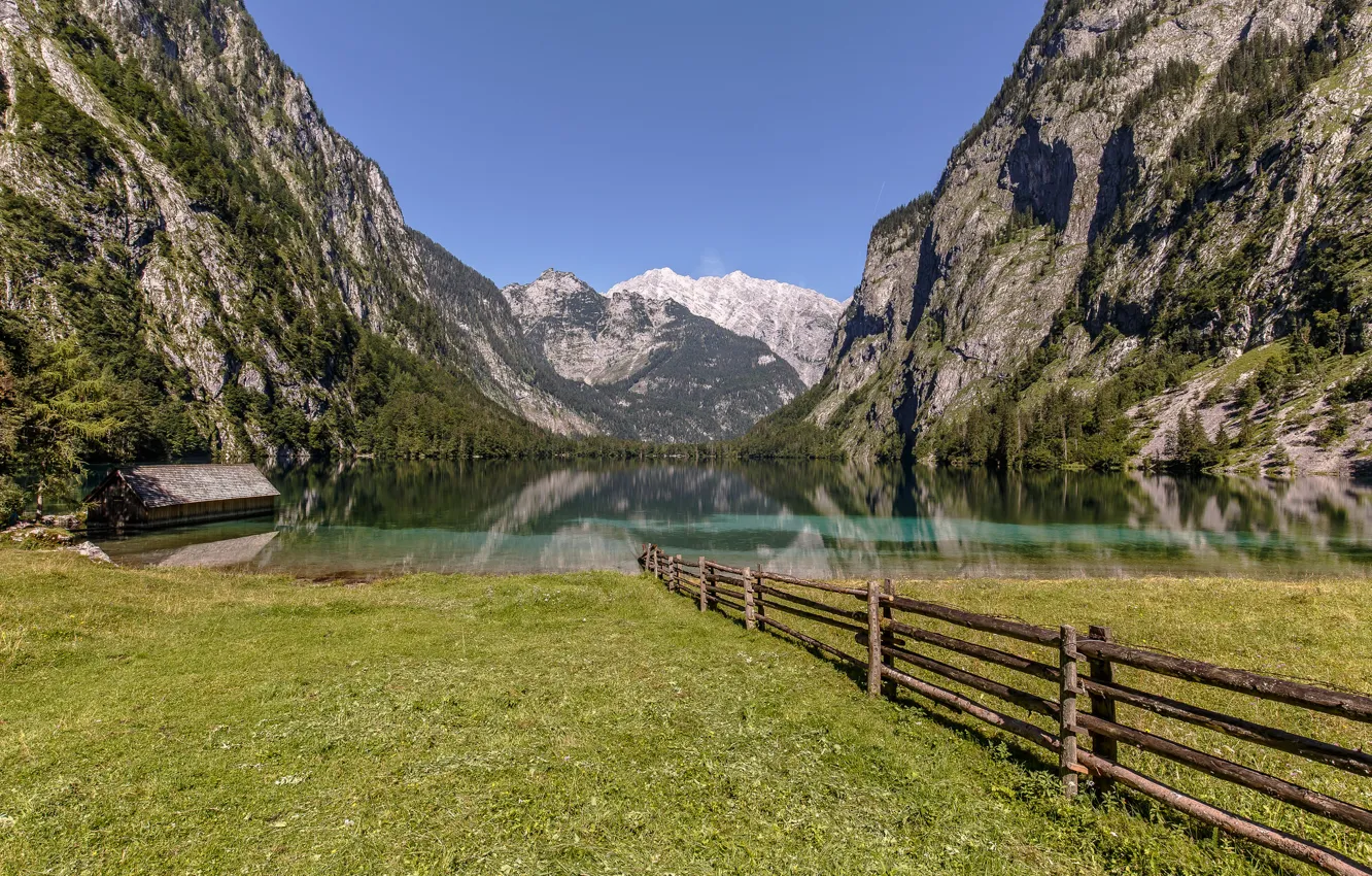 Photo wallpaper mountains, lake, the fence, Germany, Bayern, Germany, Bavaria, fence
