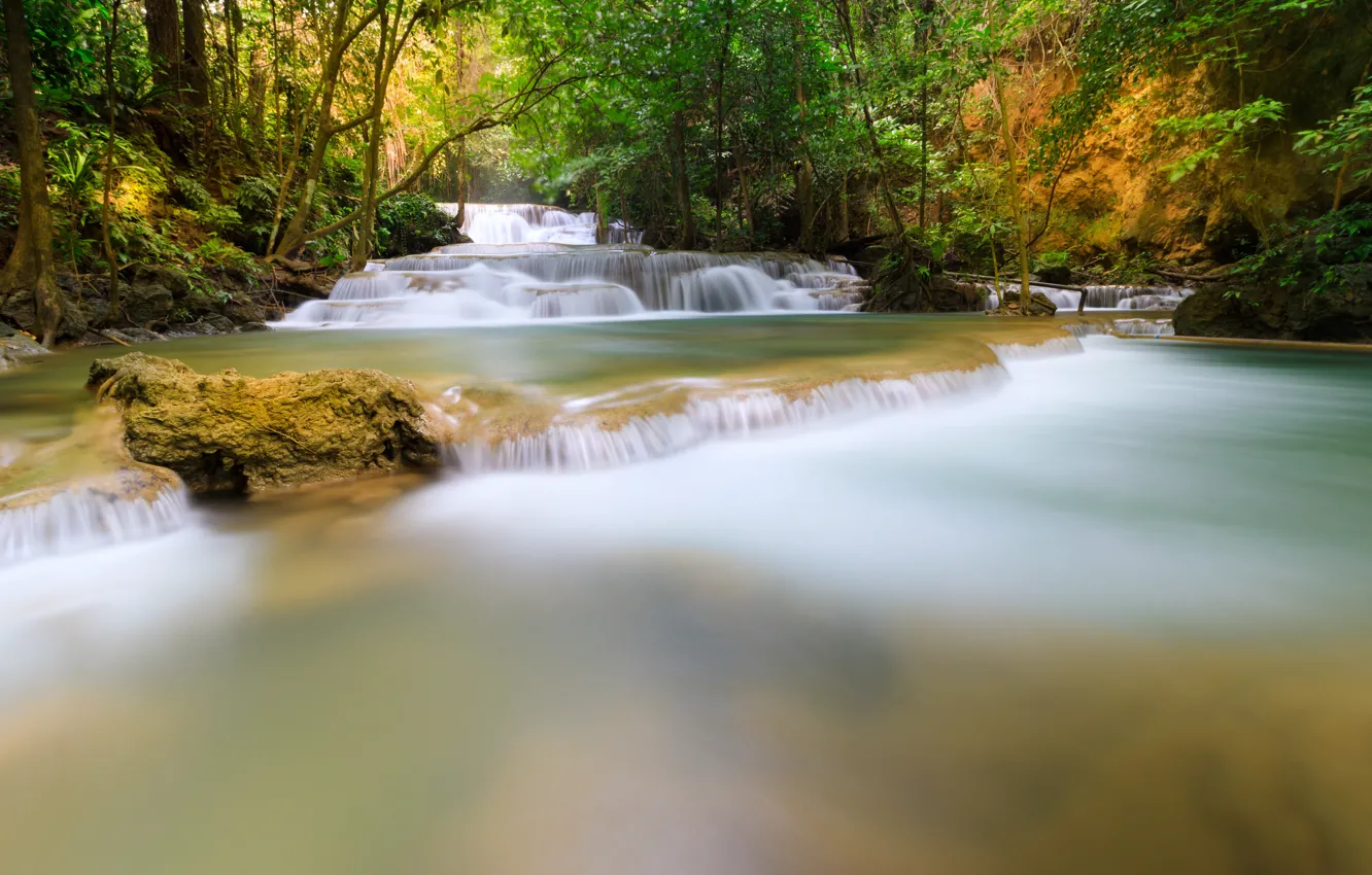 Photo wallpaper forest, landscape, river, rocks, waterfall, summer, forest, tropical