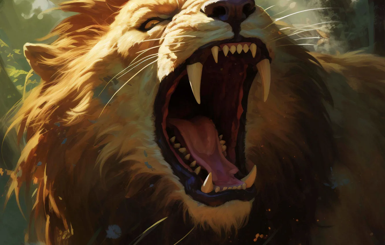 Photo wallpaper face, predator, Leo, mouth, fangs, grin, big cat, digital art