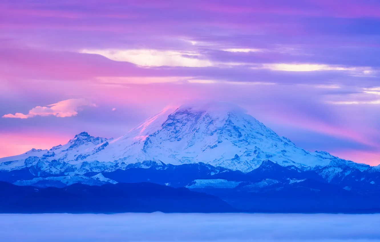 Photo wallpaper sky, landscape, nature, mountains, clouds, snow, Washington, mist