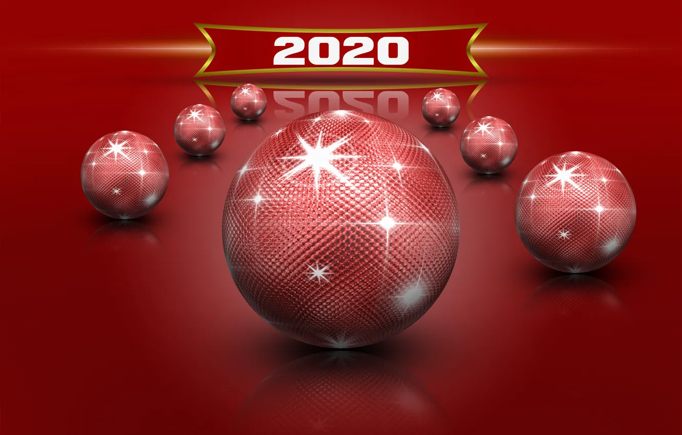 Photo wallpaper stars, red, balls, Shine, New Year, rojdestvo, New 2020, red balls reflection