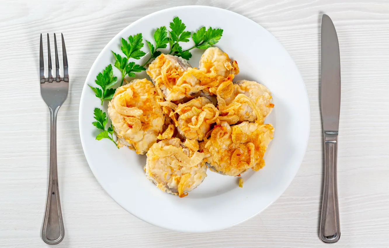 Photo wallpaper greens, fish, plate, knife, plug