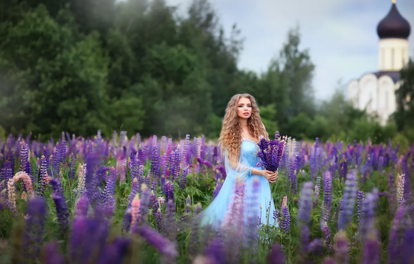 Photo wallpaper summer, girl, flowers, nature, bouquet, dress, Rus, lupins