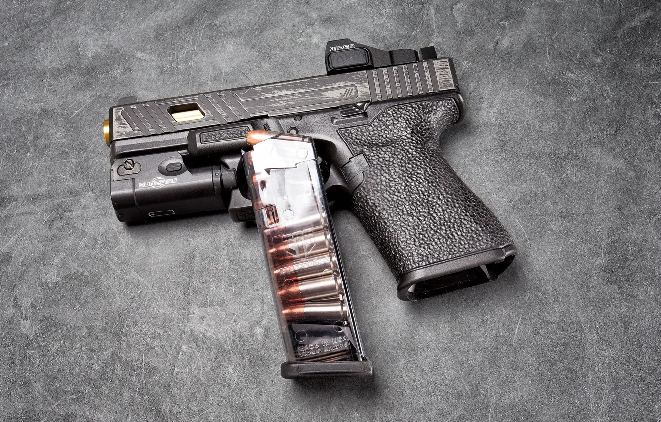 Photo wallpaper macro, gun, background, clip, Glock 19, self-loading, tactical flashlight