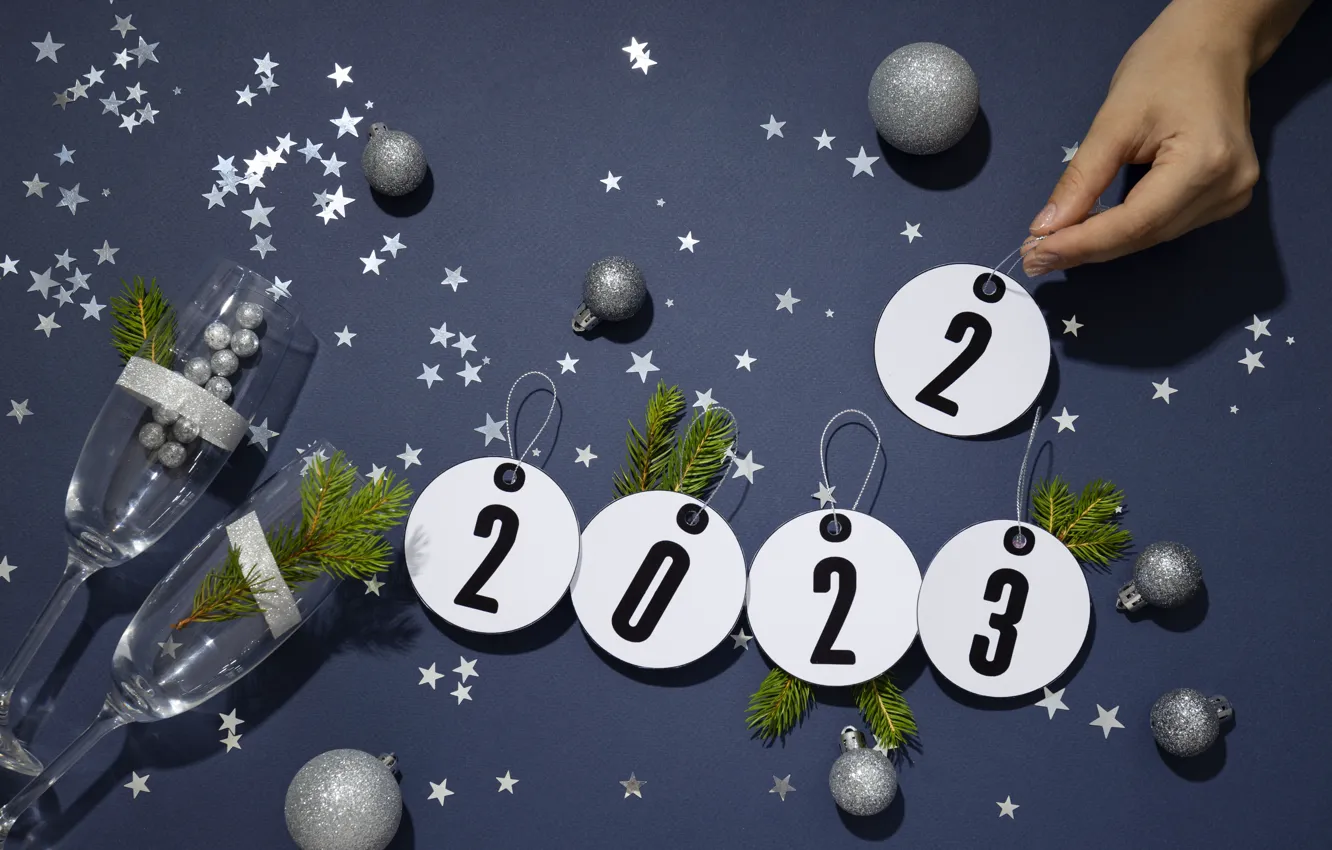 Photo wallpaper balls, circles, branches, holiday, silver, hand, glasses, figures