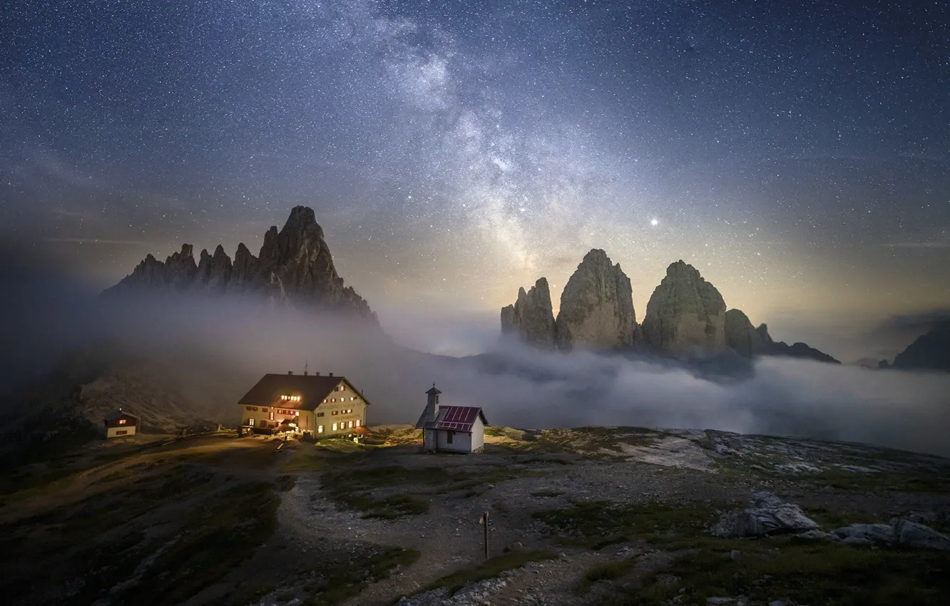 Photo wallpaper the sky, clouds, landscape, mountains, night, nature, fog, home